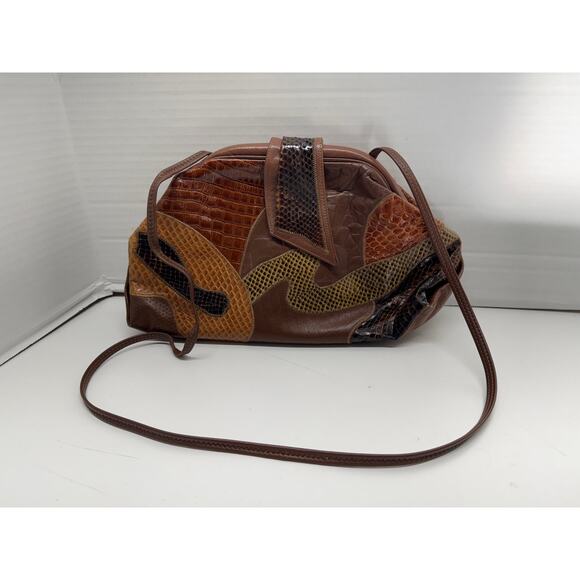 Vintage Retro 70s Glam PALIZZIO Brown Reptile Skin Patchwork Handbag - Picture 1 of 8